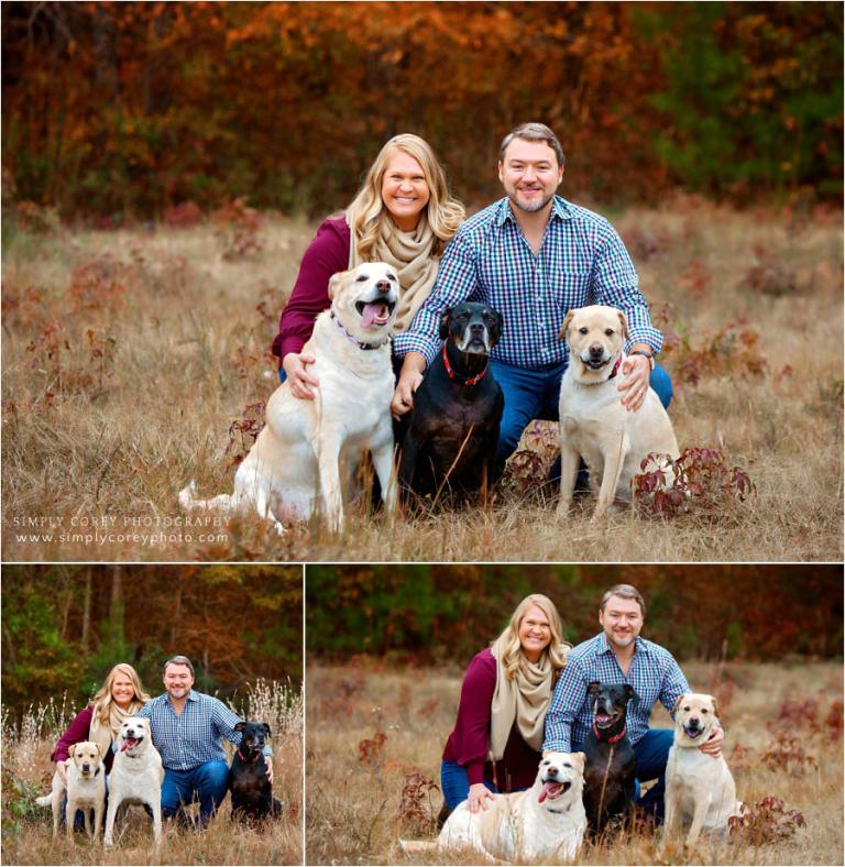 Douglasville pet photographer, couple with dogs outside in fall