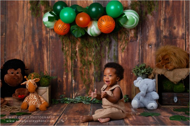 Atlanta baby photographer, one year session with a jungle safari theme