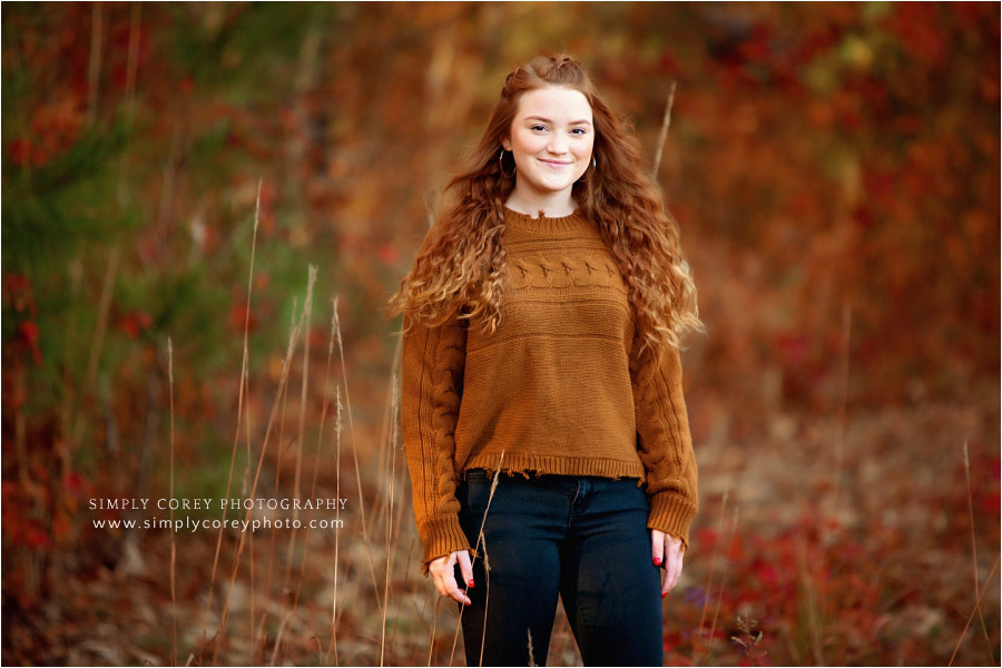 Atlanta senior portrait photographer, redhead teen outside with fall colors