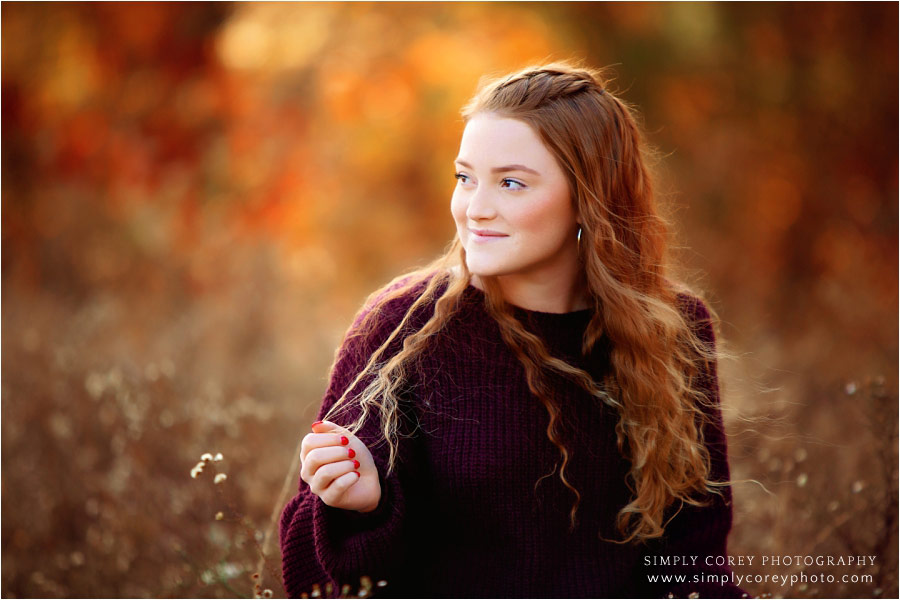 Atlanta senior portrait photographer, redhead teen girl in fall field