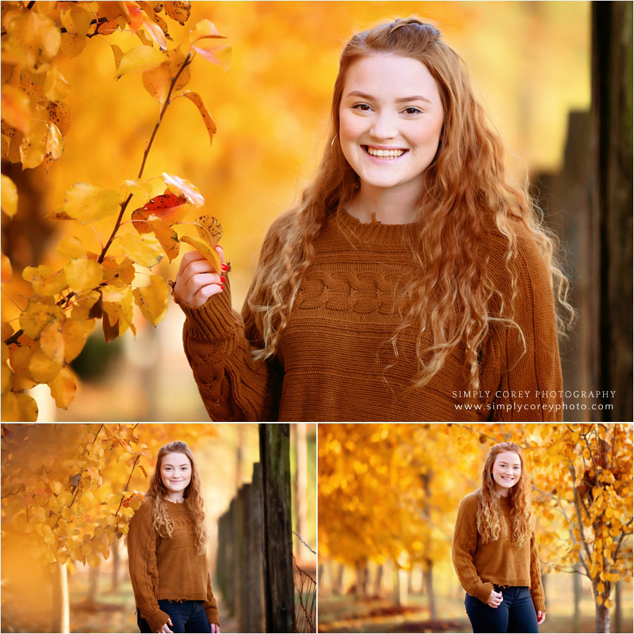 Atlanta senior portraits, redhead teen girl with yellow fall leaves