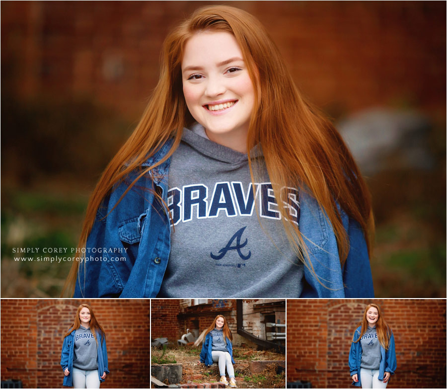 Bremen senior portrait photographer, teen in Atlanta Braves hoodie