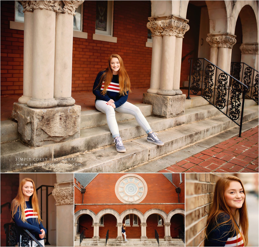 Bremen senior portraits, teen on church steps downtown