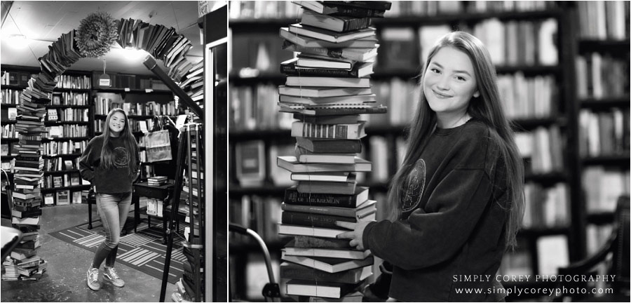 Carrollton senior portraits, teen in underground bookstore