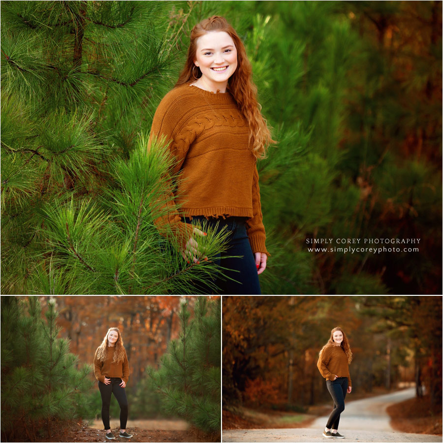 Douglasville senior portraits, redhead teen outside by pine trees