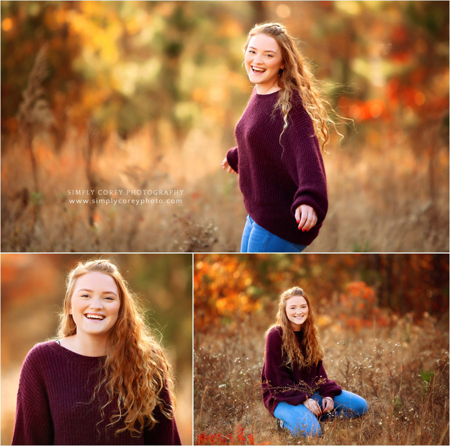 Douglasville senior portraits, teen laughing outside in a field
