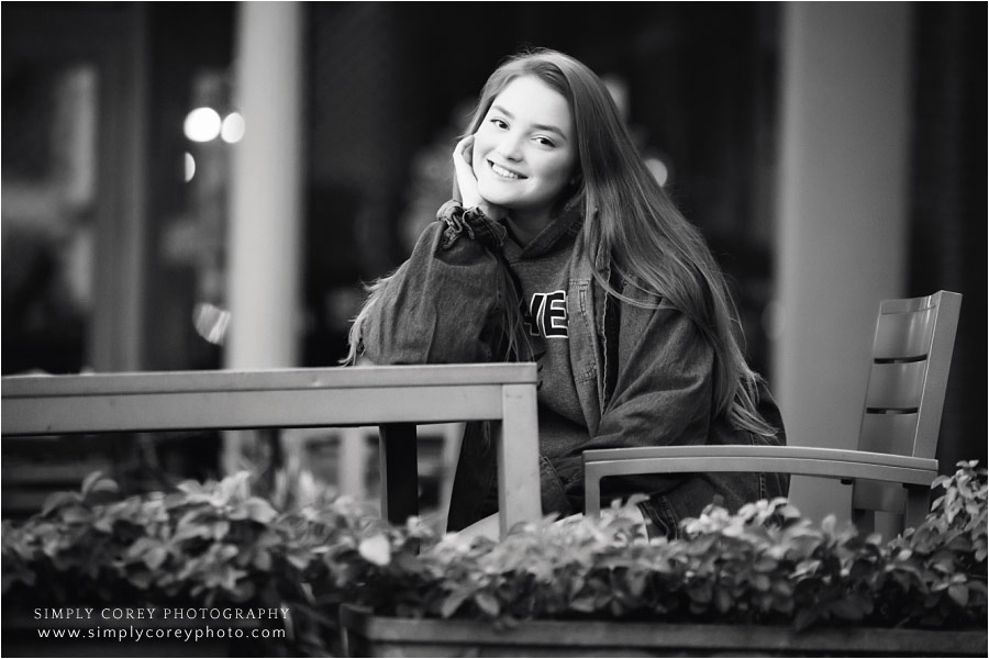 Newnan senior portrait photographer, black and white of teen on location