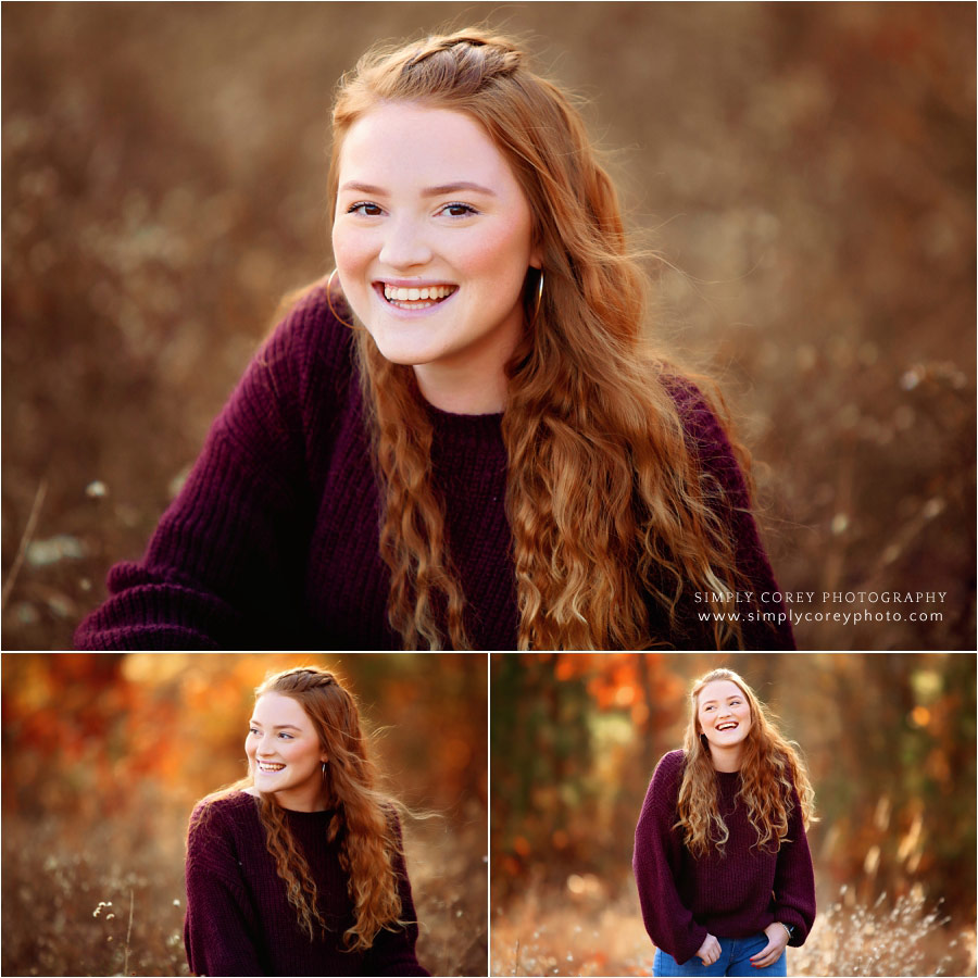 Newnan senior portraits, teen girl laughing in a field outside