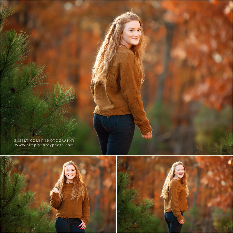 Newnan senior portraits, teen outside with fall trees