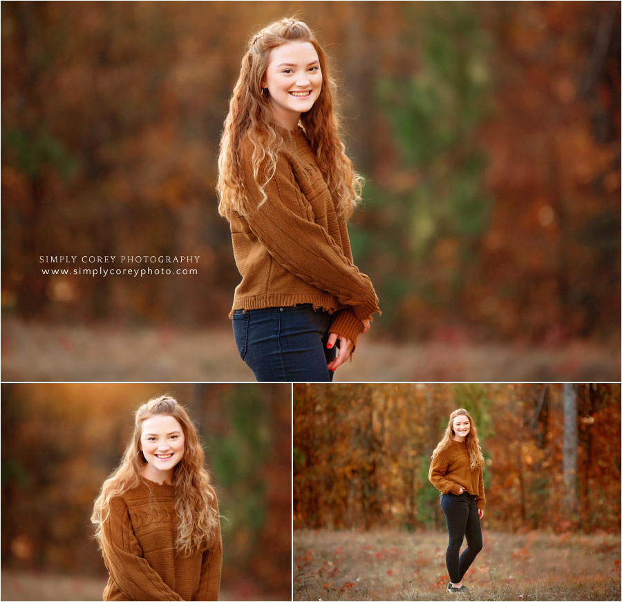 Peachtree City senior portrait photographer, redhead teen outside with fall colors