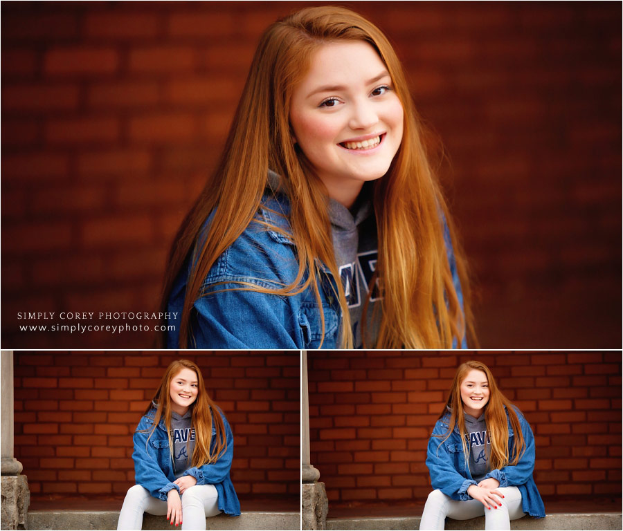 Peachtree City senior portraits, redhead teen by brick wall