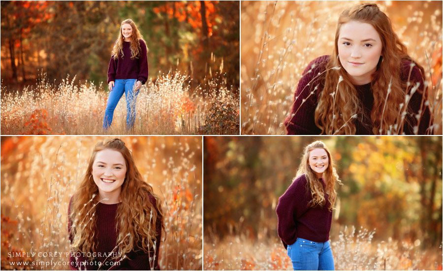 Peachtree City senior portraits, teen in golden fall field