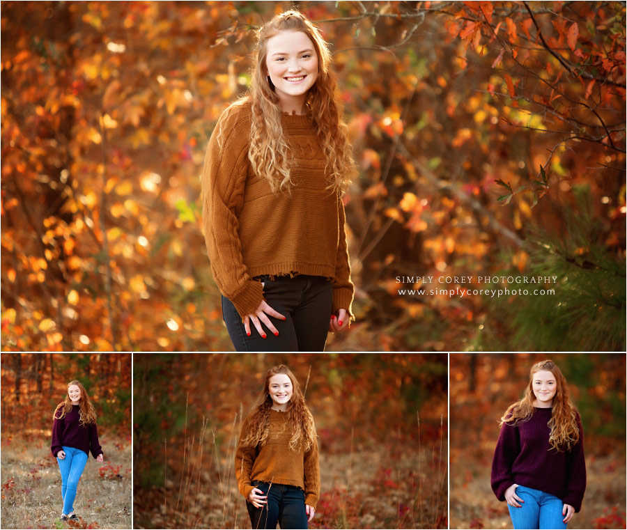 Villa Rica senior portrait photographer, teen girl by fall leaves