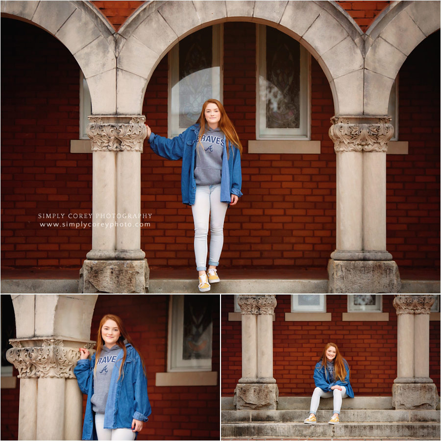 Villa Rica senior portraits, teen on steps under arches on location