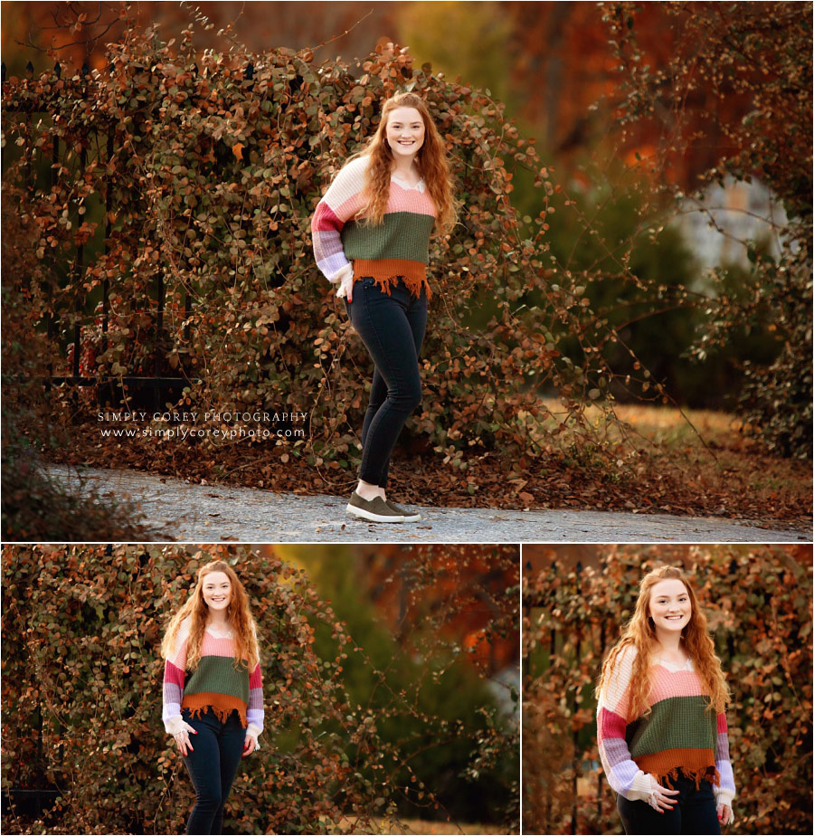 Villa Rica senior portraits, teen wearing striped sweater outside