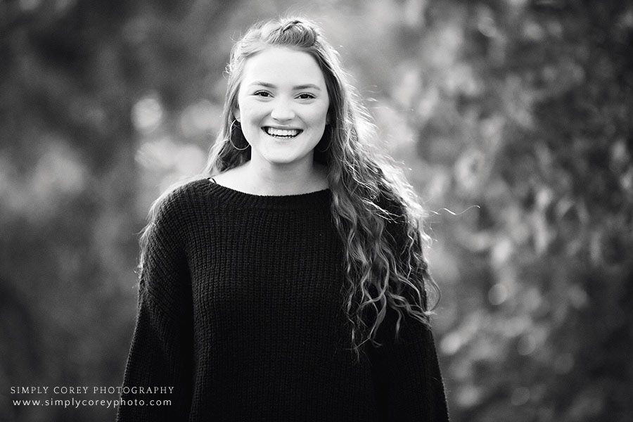 West Georgia senior portrait photographer, black and white headshot of teen outside