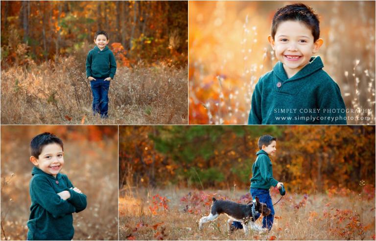 Carrollton children's photographer, child outside with dog in fall