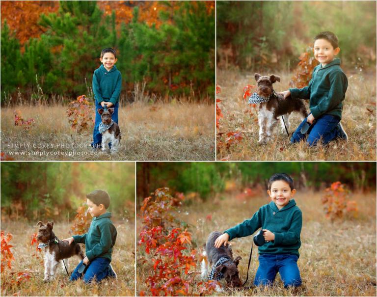 Newnan family photographer, child and dog outside with fall leaves