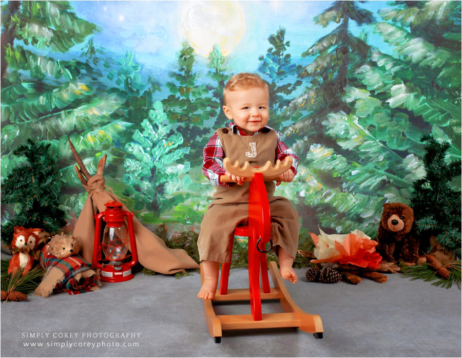 Atlanta baby photographer, one year session in studio with camping theme