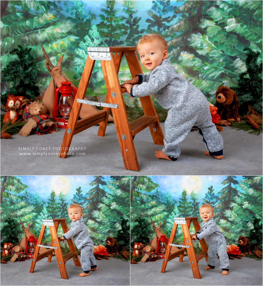 Newnan baby photographer, one year session with a ladder in studio