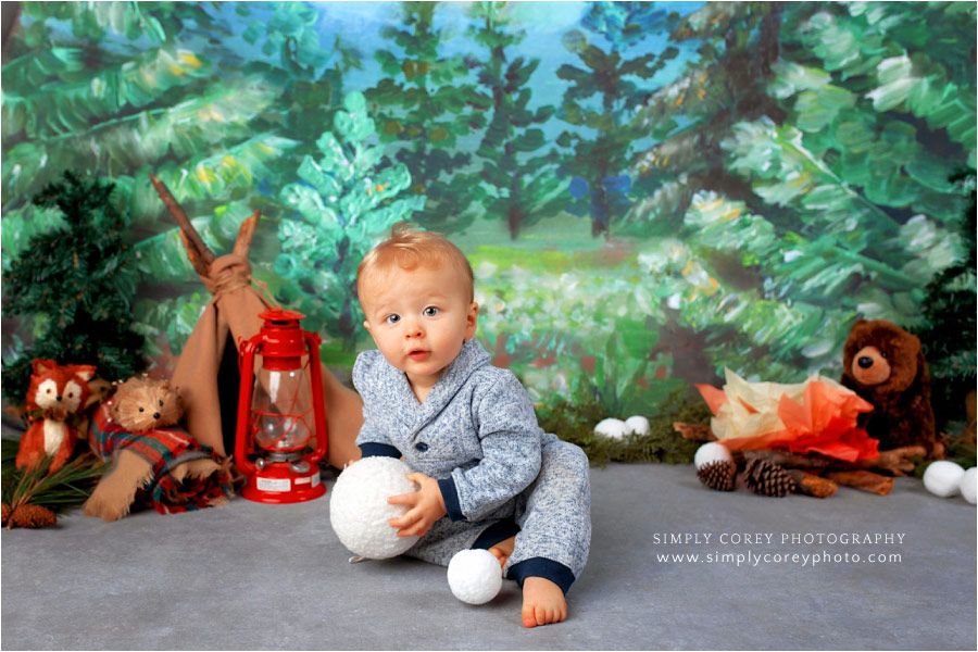 Villa Rica baby photographer, one year camping session with snowballs