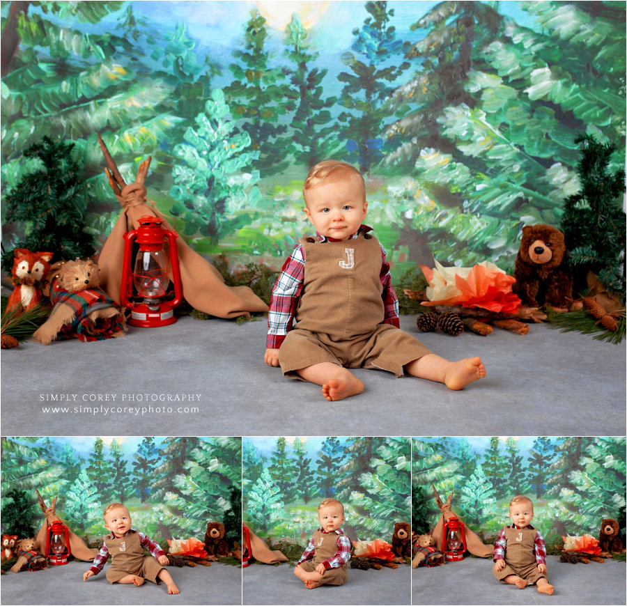 Villa Rica baby photographer, one year session with studio camping theme