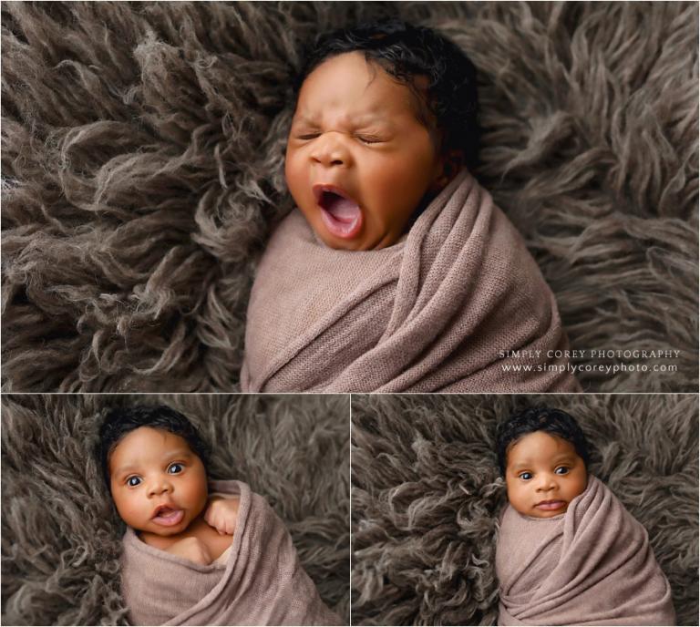 West Georgia newborn photographer, baby boy yawning in brown