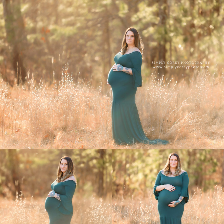 Peachtree City maternity photographer, pregnant mom outside in green