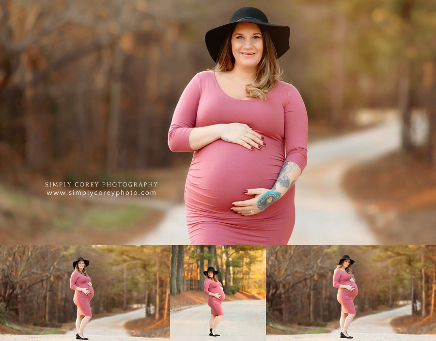 Villa Rica maternity photographer, pregnant mom in pink dress out in country