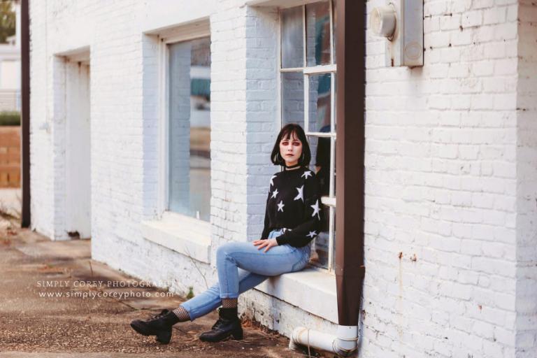 Villa Rica photographer, urban downtown session with white brick wall