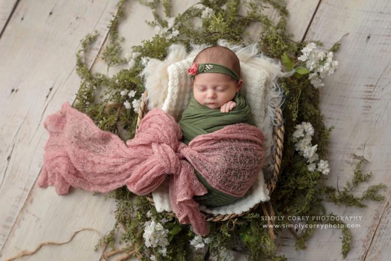 Atlanta newborn photographer, baby girl with pink and green studio set