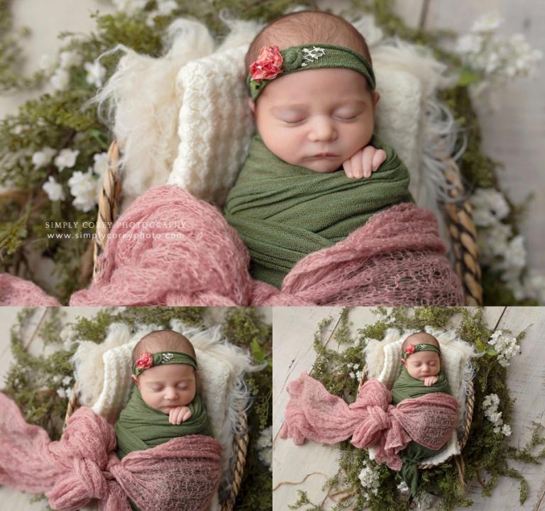 Villa Rica newborn photographer, baby girl in a basket with green and pink