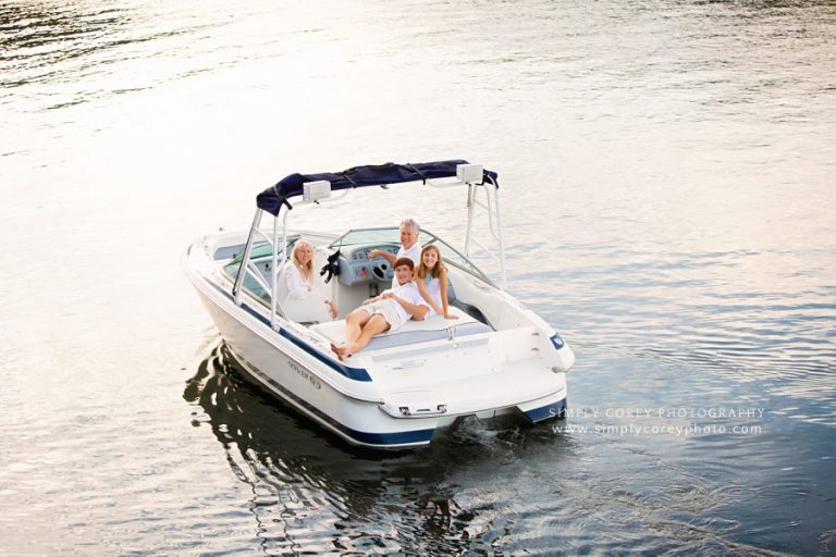Atlanta lifestyle photographer, family in boat on Lake Lanier