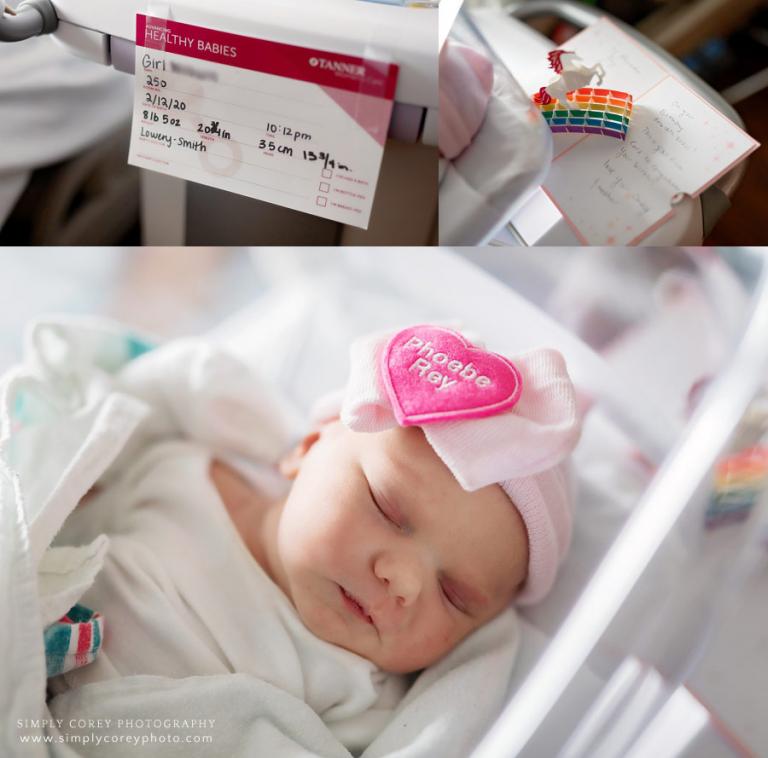 Carrollton Fresh 48 photographer, baby girl in bassinet with hospital sign