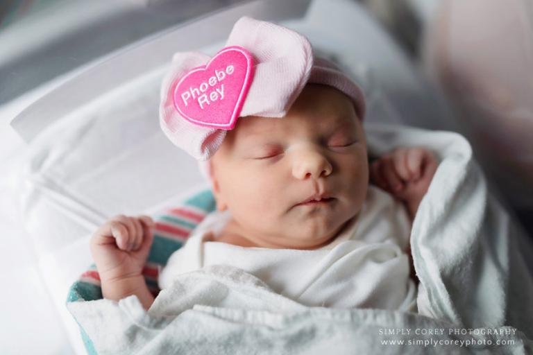 Douglasville Fresh 48 photographer, newborn girl in personalized hat