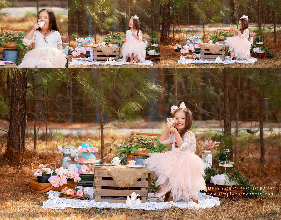 Douglasville photographer, child having tea party outside with treats