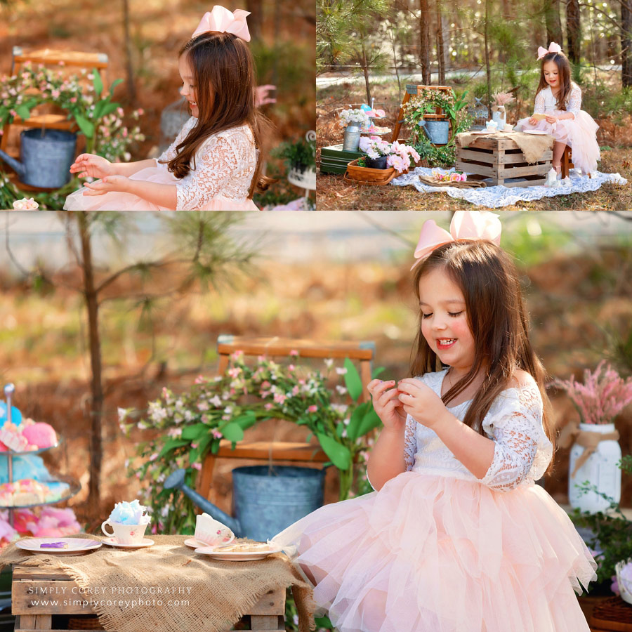 Newnan photographer, child having tea party outside with princess cookies