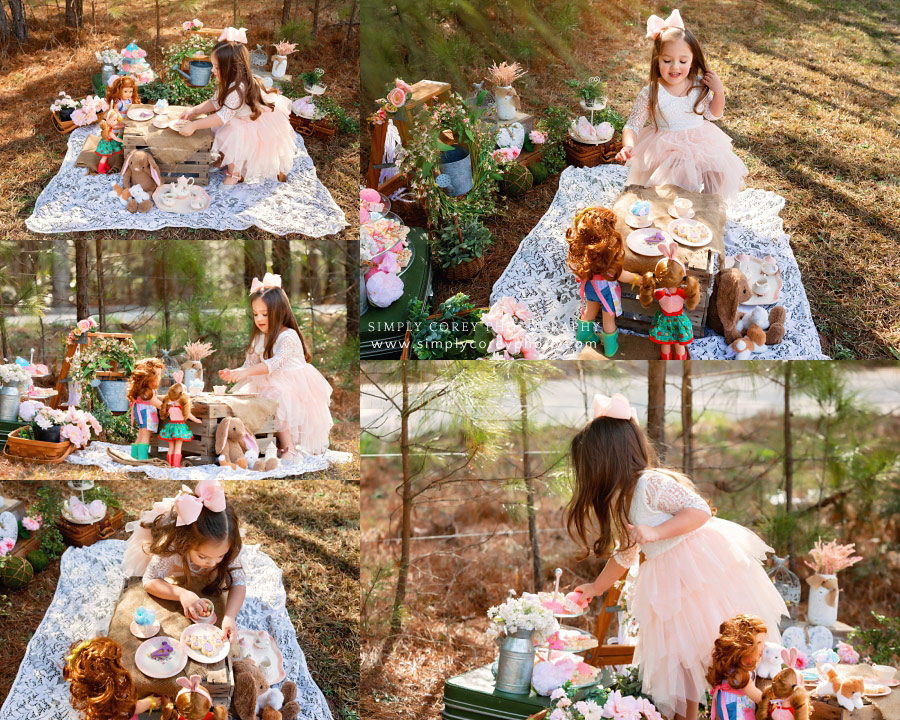 West Georgia photographer, child having tea party outside with dolls