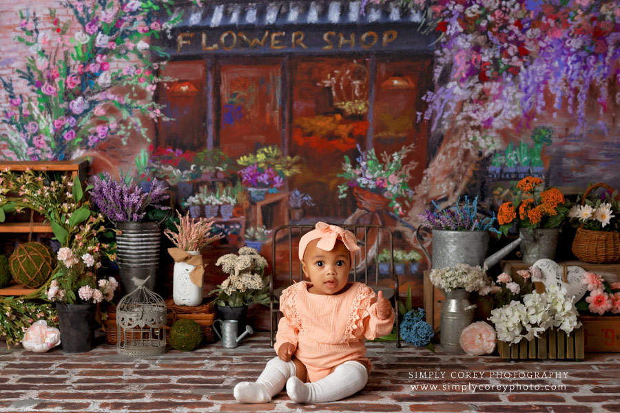 Newnan baby photographer, studio session with flower shop set