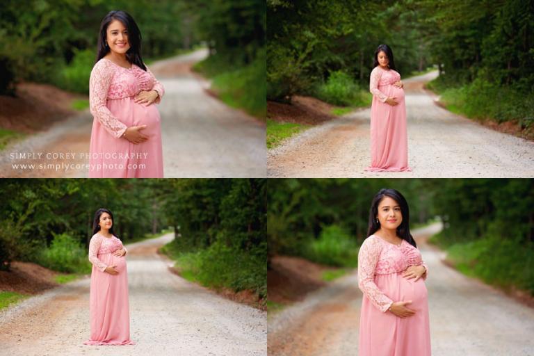 maternity photographer near Carrollton, GA; pregnant mom in pink dress outside