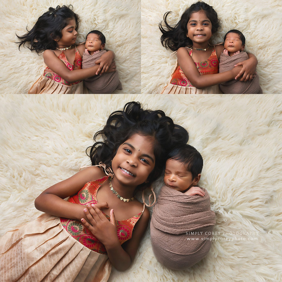 Douglasville newborn photographer, baby boy with big sister on fur