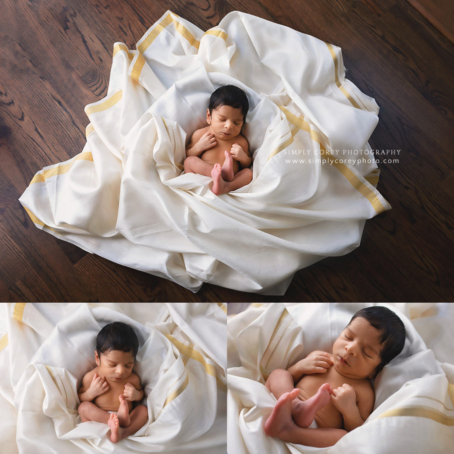 Douglasville newborn photographer, baby boy curled up in dhoti