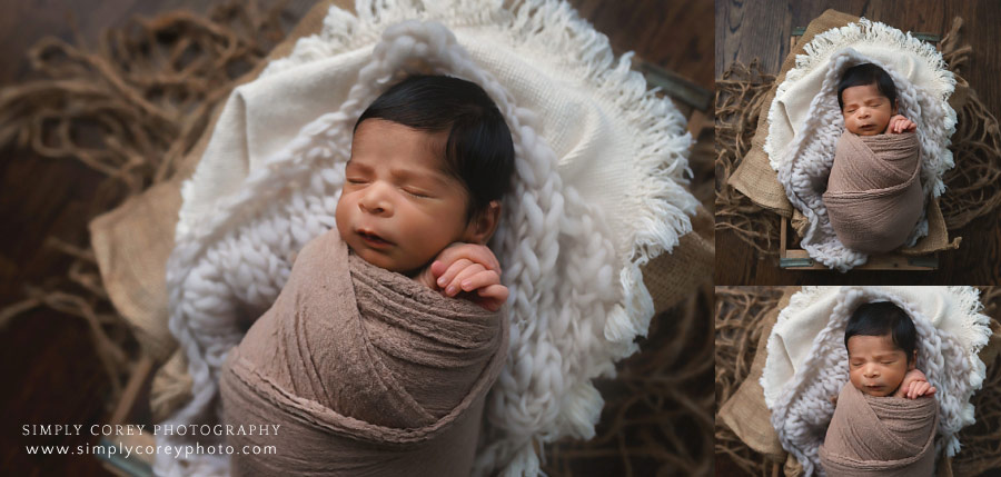 newborn photographer near Carrollton, GA; baby boy in neutral textures
