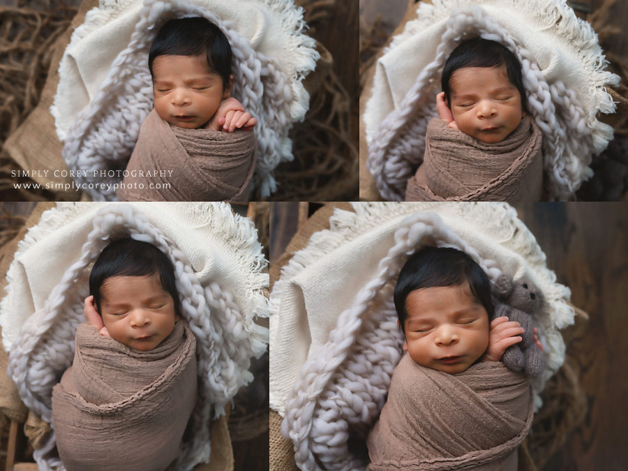 newborn photographer near Douglasville, baby boy sleeping with teddy bear