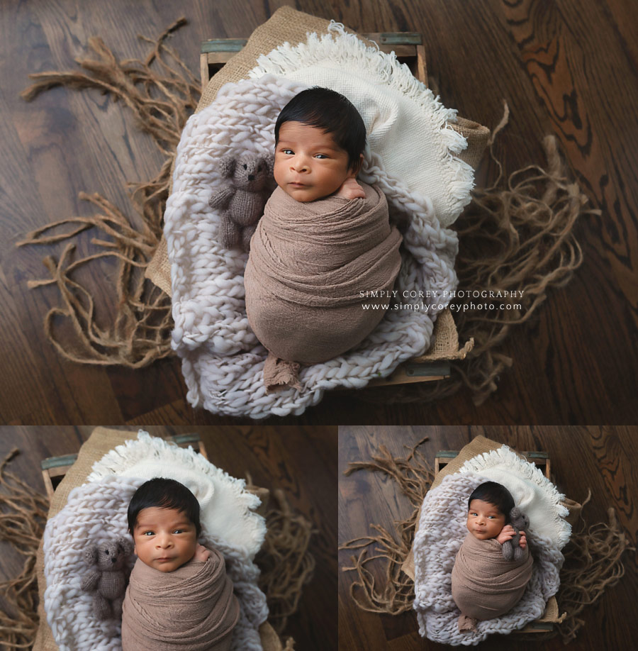 newborn photographer near Newnan, awake baby boy with teddy bear