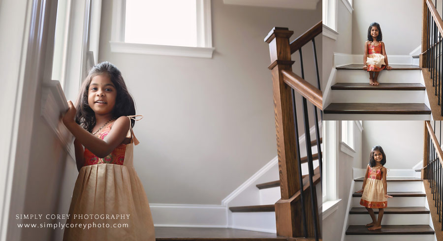 Newnan family photographer, lifestyle portraits of child on stairs