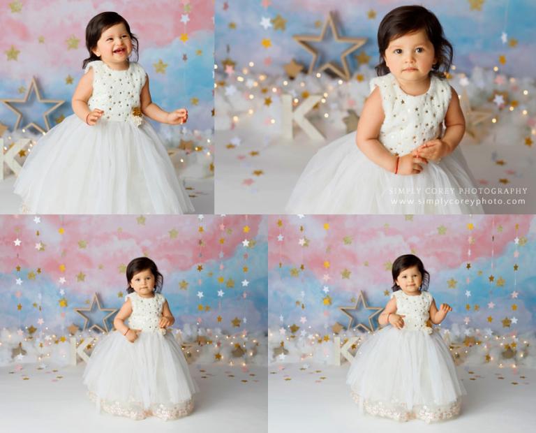baby photographer near Carrollton, GA; one year session in fancy dress