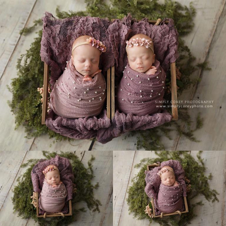 Douglasville newborn photographer, twin girls swaddled in purple