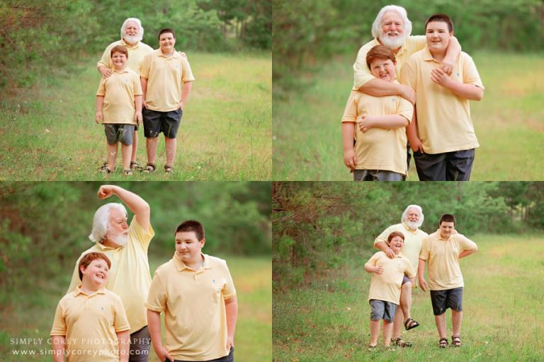 family photographer near Carrollton, GA; grandpa being silly with grandsons outside