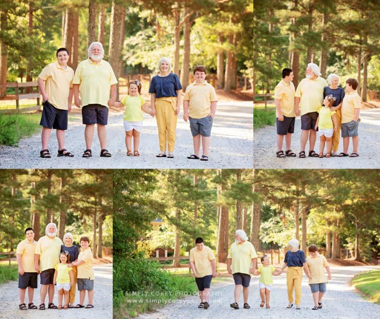 family photographer near Villa Rica, grandparents and grandchildren on country road